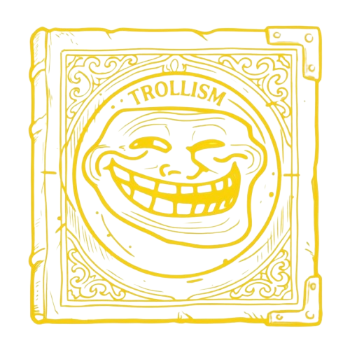 The TROLLISM tome: yellow line art holy book with trollface seal on black